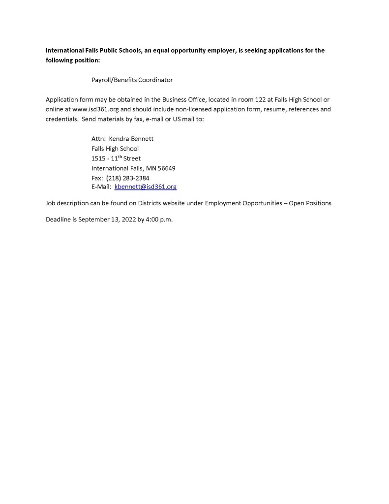 Payroll Benefits Coordinator Job Posting